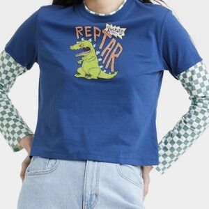 Rugrats Reptar Nickelodeon Shirt XS - Blue & Green Checker Dinosaur Print  - NWT